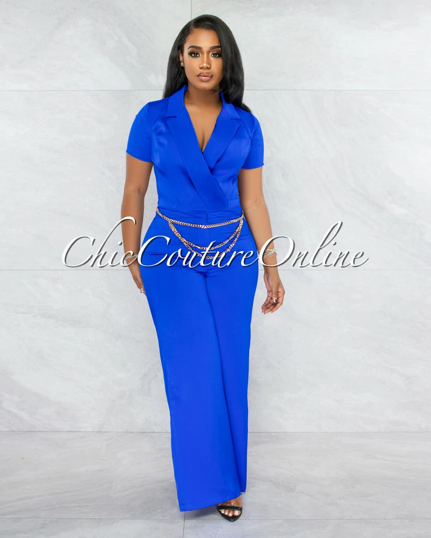 Vendor-unknown Horatio Royal Blue Crop & Wide Pants Gold Link Belt Set JUST IN