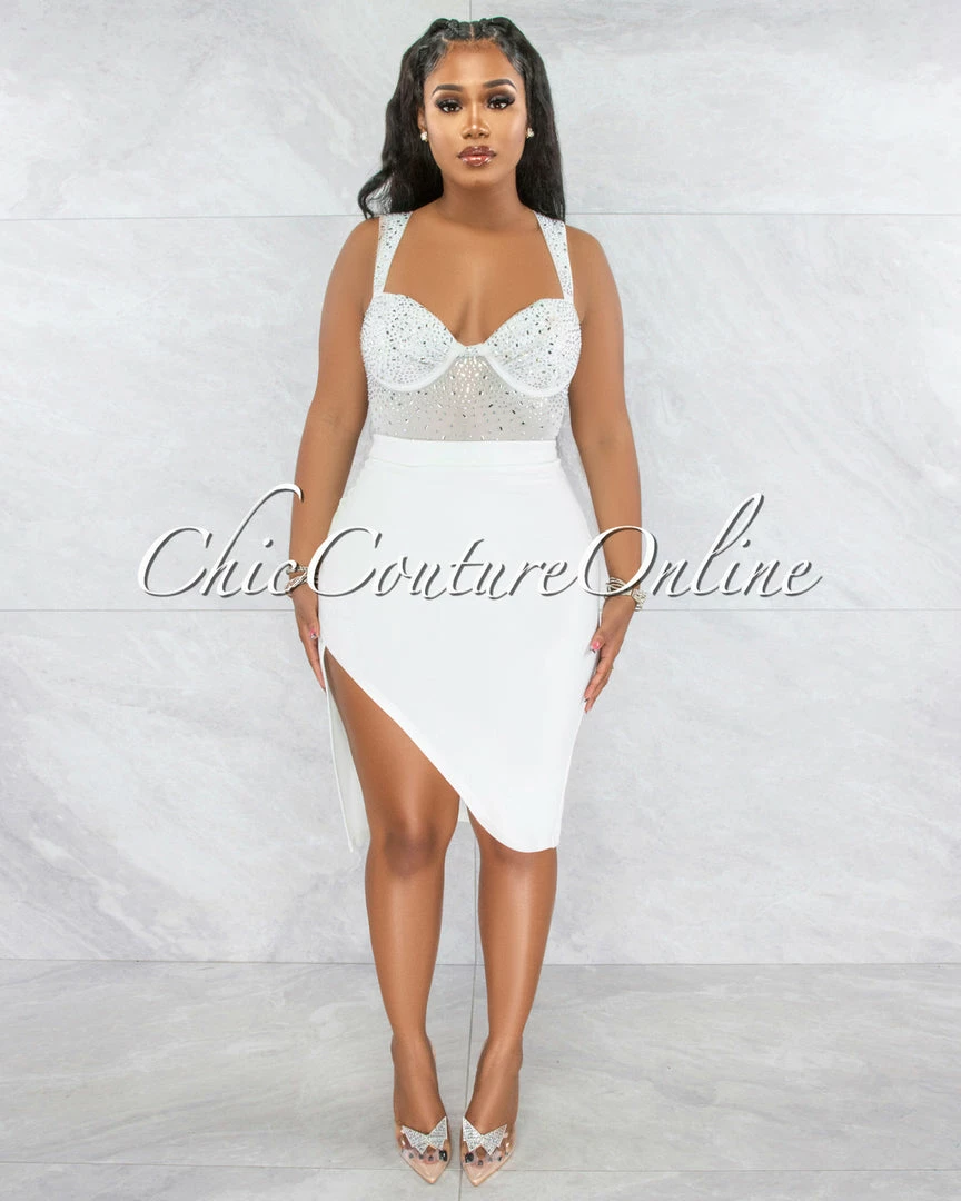 Vendor-unknown Jacaranda White Rhinestones Bodysuit & Draped Skirt Set