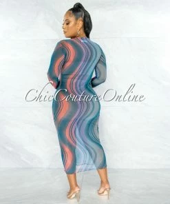 Chic Couture Online Lojean Hunter Green Multi-Color Print Mesh Cover-Up Maxi Dress