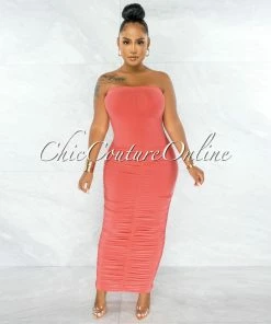 Chic Couture Online JUST IN Nancy Coral Ruched Strapless Maxi Dress