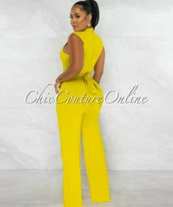 Chic Couture Online Brandy Lime Green Gold Link Lace-Up Jumpsuit JUST IN