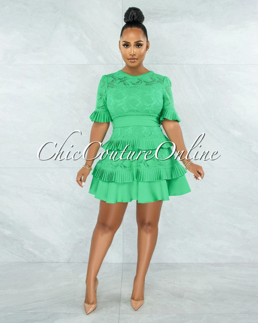 Chic Couture Online Knolly Kelly Green Lace Pleated Luxe Dress JUST IN