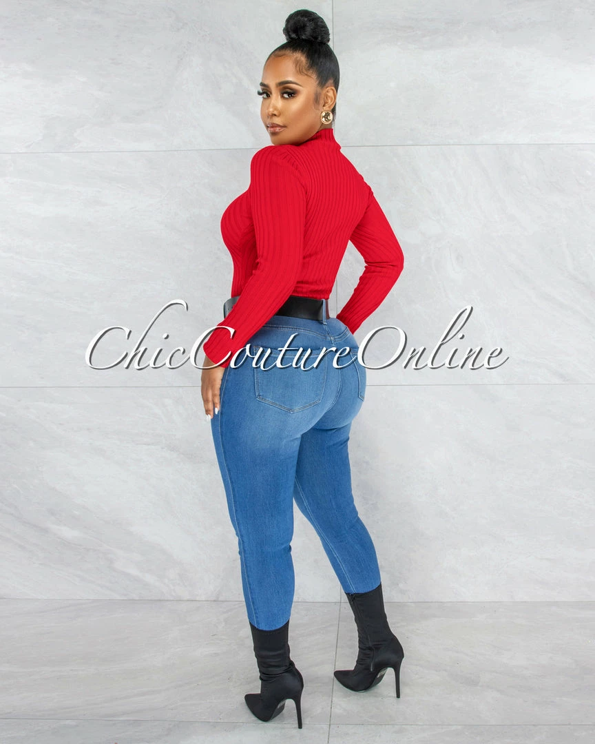 Vendor-unknown JUST IN Wisteria Red Ribbed Long Sleeves Bodysuit