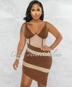 Vendor-unknown Griega Brown Nude Mesh Accent Asymmetrical Hem Dress JUST IN