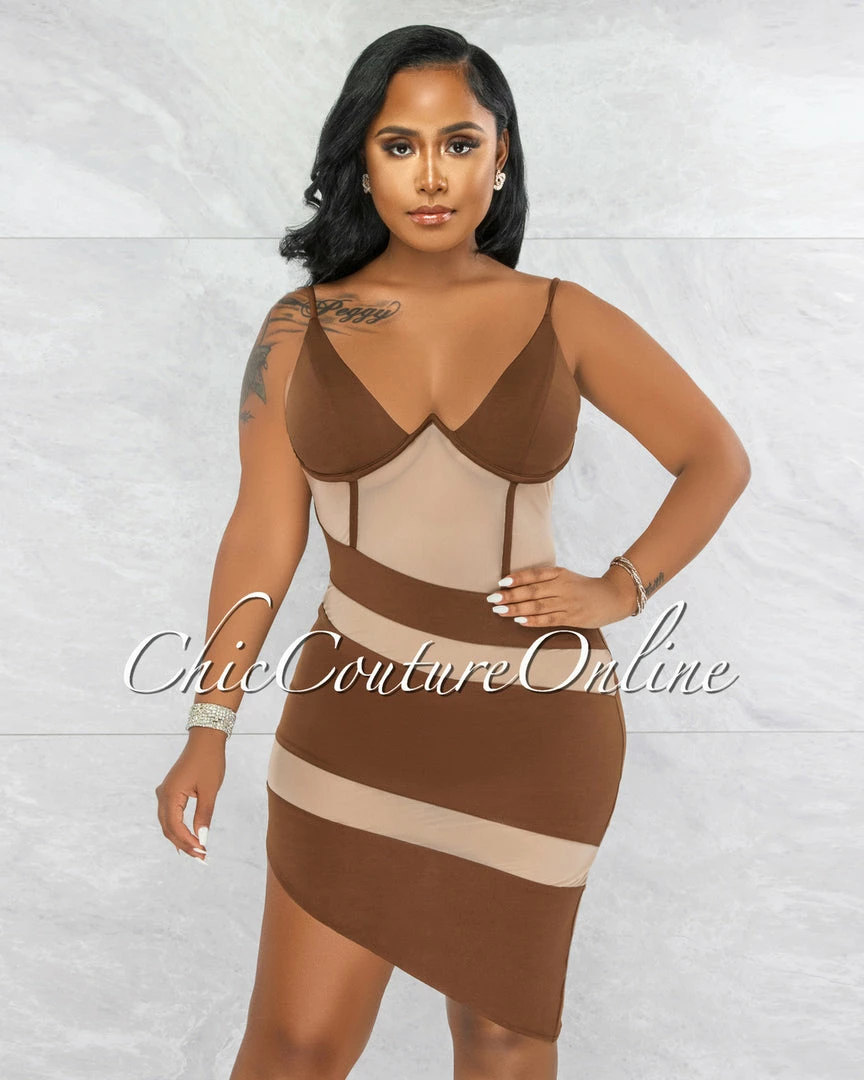 Vendor-unknown Griega Brown Nude Mesh Accent Asymmetrical Hem Dress JUST IN