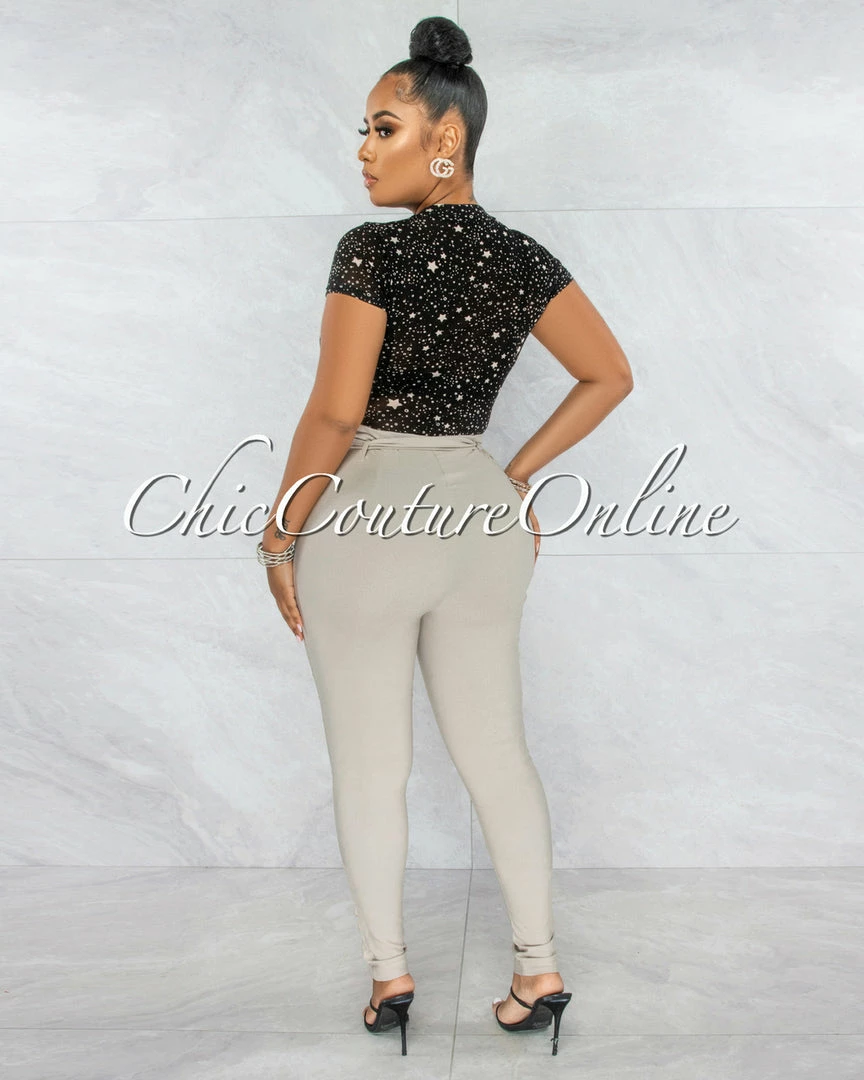 Vendor-unknown JUST IN Jarrett Taupe Pleated Paper Bag Tie Belt Pants