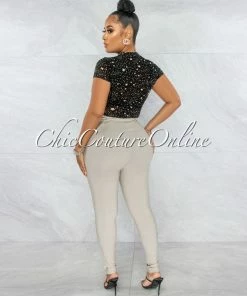 Vendor-unknown Kerta Black Nude Stars Print Sheer Mesh Bodysuit JUST IN