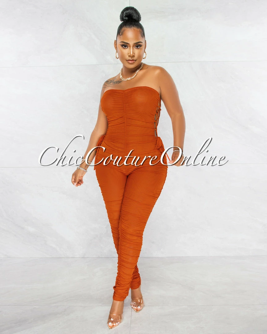 Chic Couture Online JUST IN Mikela Rust Mesh Sheer Ruched Lace-Up Sides Jumpsuit