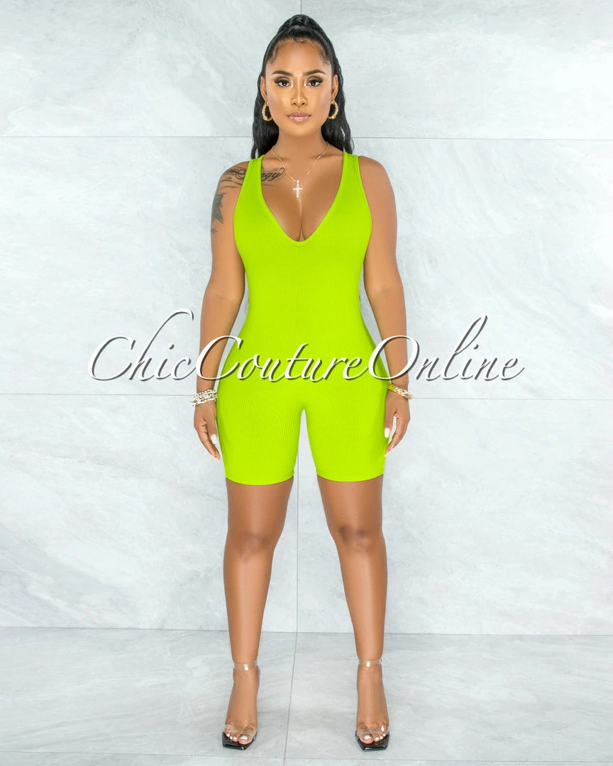 Vendor-unknown Golan Apple Green Ribbed V-Neck Romper JUST IN
