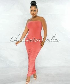Chic Couture Online JUST IN Nancy Coral Ruched Strapless Maxi Dress