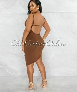 Vendor-unknown Griega Brown Nude Mesh Accent Asymmetrical Hem Dress JUST IN