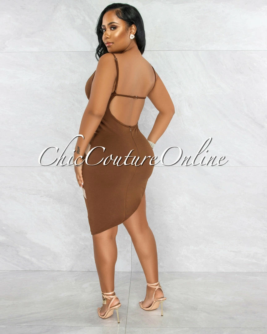 Vendor-unknown Griega Brown Nude Mesh Accent Asymmetrical Hem Dress JUST IN
