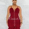 Vendor-unknown Perina Burgundy Gold Snaps Bandage Ruffle Dress