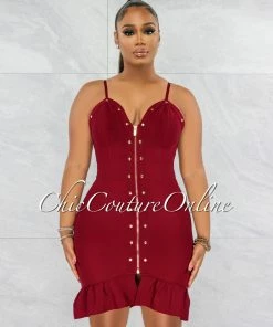 Vendor-unknown Perina Burgundy Gold Snaps Bandage Ruffle Dress