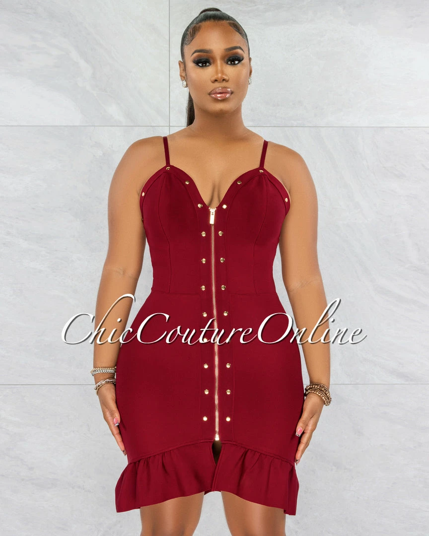 Vendor-unknown Perina Burgundy Gold Snaps Bandage Ruffle Dress