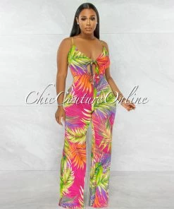Chic Couture Online Obely Tropical Palm Print Front Tie Wide Legs Jumpsuit JUST IN