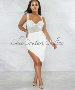 Vendor-unknown Jacaranda White Rhinestones Bodysuit & Draped Skirt Set