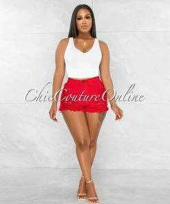 Vendor-unknown Pamelah Red Denim Distressed Shorts JUST IN