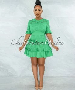Chic Couture Online Knolly Kelly Green Lace Pleated Luxe Dress JUST IN