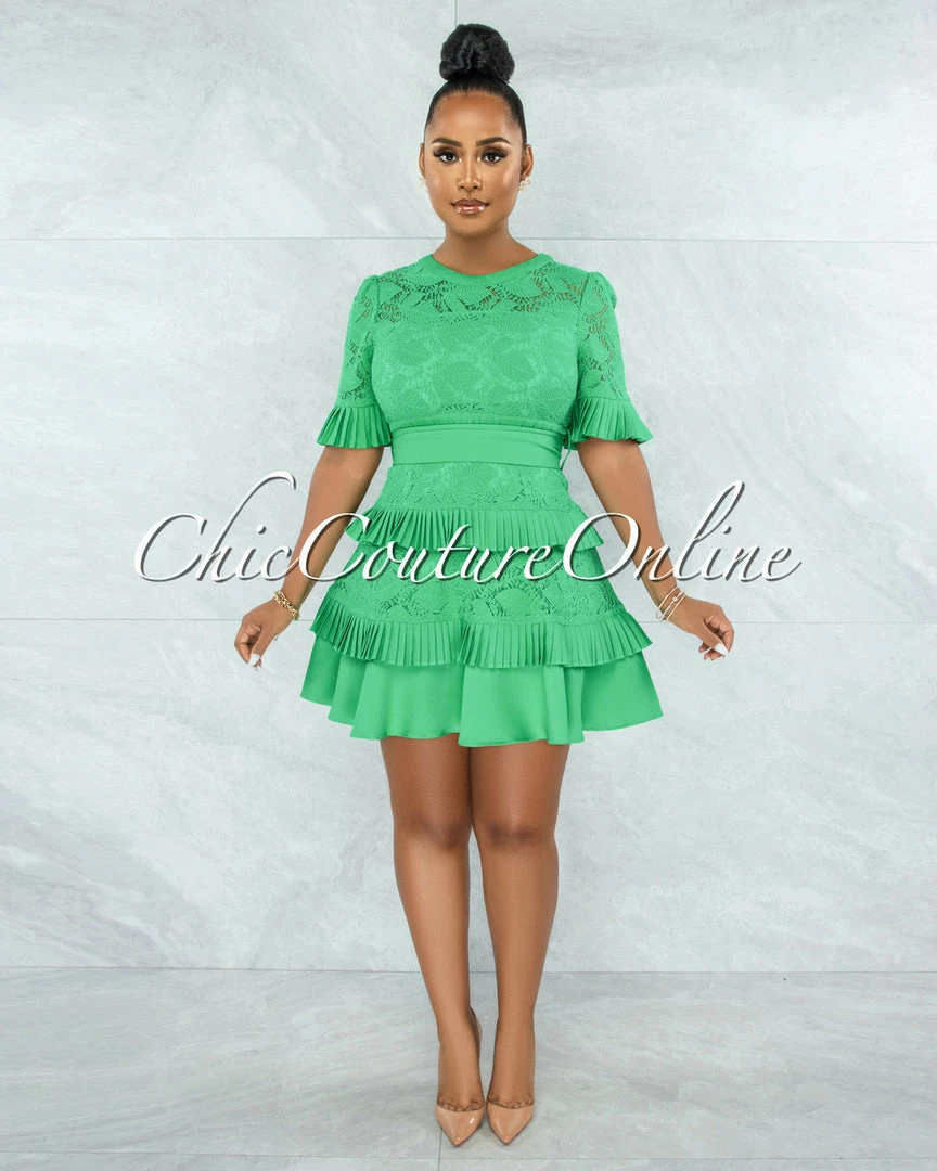 Chic Couture Online Knolly Kelly Green Lace Pleated Luxe Dress JUST IN