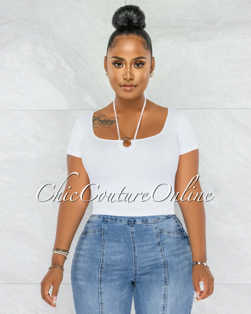 Chic Couture Online Landy White O-Ring Details Ribbed Top JUST IN