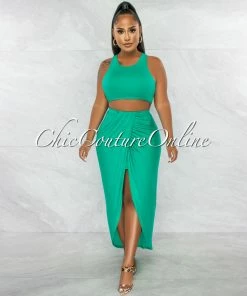Chic Couture Online Klein Emerald Crop Racer Top & Draped Slit Maxi Skirt Set JUST IN