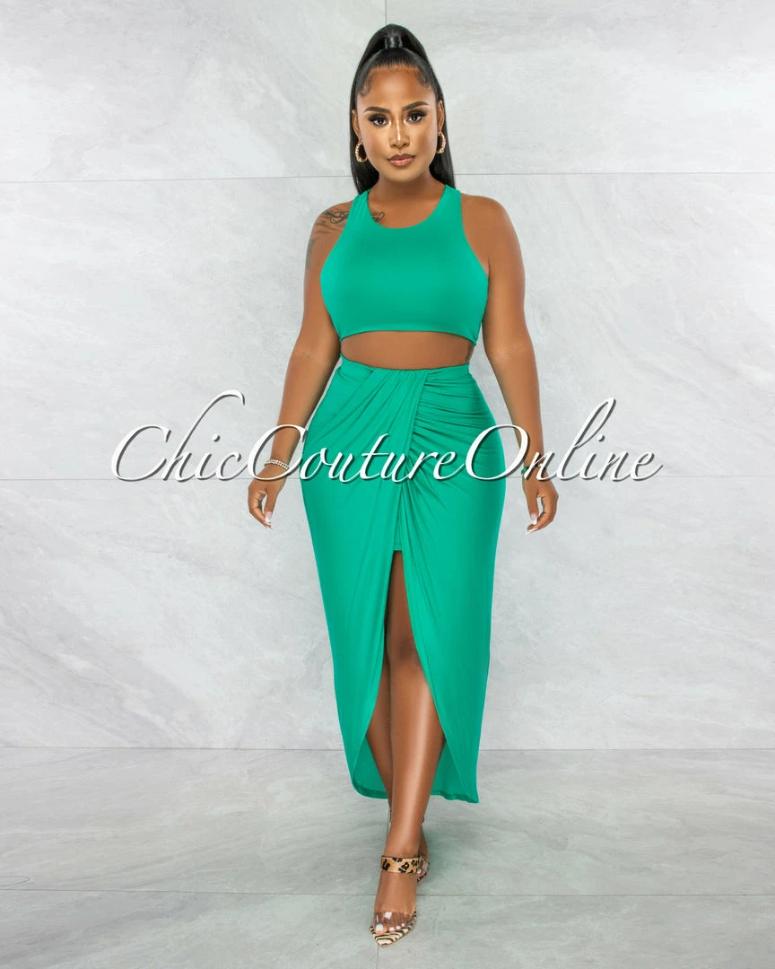 Chic Couture Online Klein Emerald Crop Racer Top & Draped Slit Maxi Skirt Set JUST IN
