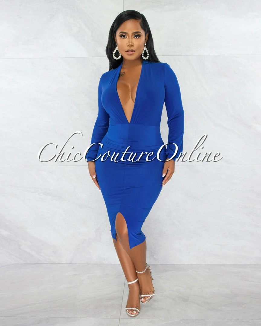 Chic Couture Online Dager Blue Deep-V Draped Front Slit Midi Dress