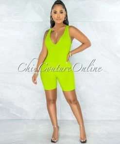 Vendor-unknown Golan Apple Green Ribbed V-Neck Romper JUST IN