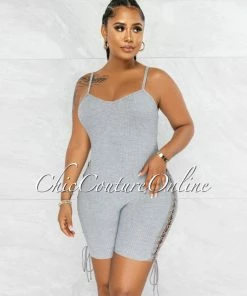 Vendor-unknown JUST IN Larmine Grey Ribbed Lace-Up Sides Romper
