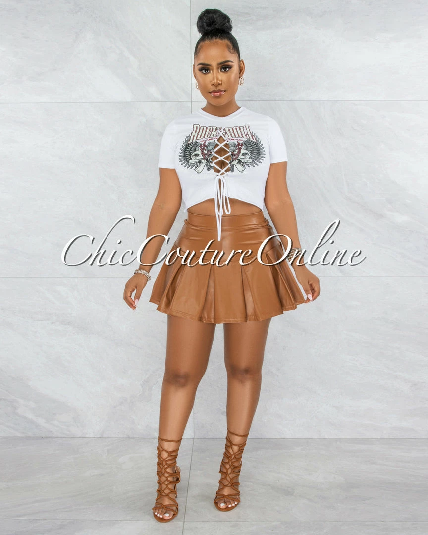 Vendor-unknown JUST IN Jearl Caramel Faux Leather Pleated Mini Skort