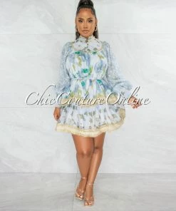 Chic Couture Online Dorena Sage Floral Print Gold Details Skater Dress