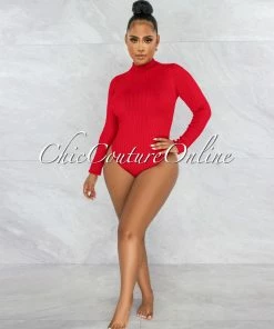 Vendor-unknown JUST IN Wisteria Red Ribbed Long Sleeves Bodysuit