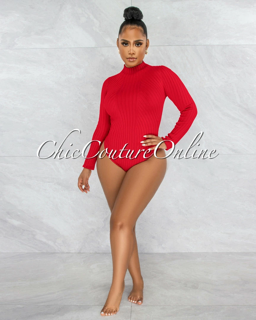 Vendor-unknown JUST IN Wisteria Red Ribbed Long Sleeves Bodysuit