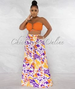 Chic Couture Online JUST IN Frida Orange Gold Accent Top Multi-Color Pants Set