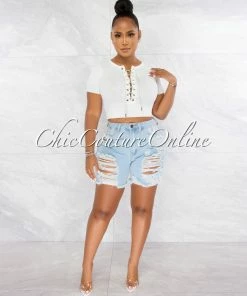 Chic Couture Online Malowa Off-White Rhinestones Lace-Up Ribbed Crop Top