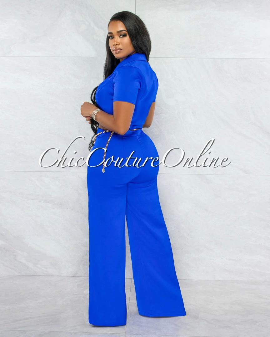 Vendor-unknown Horatio Royal Blue Crop & Wide Pants Gold Link Belt Set JUST IN