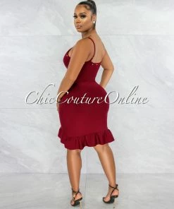Vendor-unknown Perina Burgundy Gold Snaps Bandage Ruffle Dress