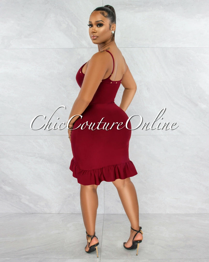Vendor-unknown Perina Burgundy Gold Snaps Bandage Ruffle Dress