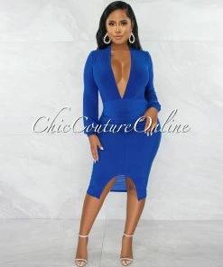 Chic Couture Online Dager Blue Deep-V Draped Front Slit Midi Dress