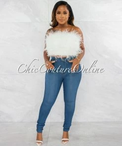 Chic Couture Online JUST IN Lara Off-White Feather Crop Top