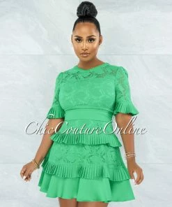 Chic Couture Online Knolly Kelly Green Lace Pleated Luxe Dress JUST IN