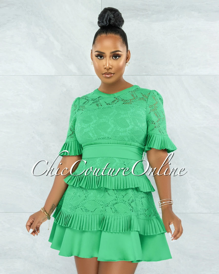 Chic Couture Online Knolly Kelly Green Lace Pleated Luxe Dress JUST IN