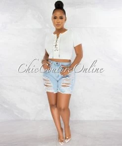 Chic Couture Online Malowa Off-White Rhinestones Lace-Up Ribbed Crop Top