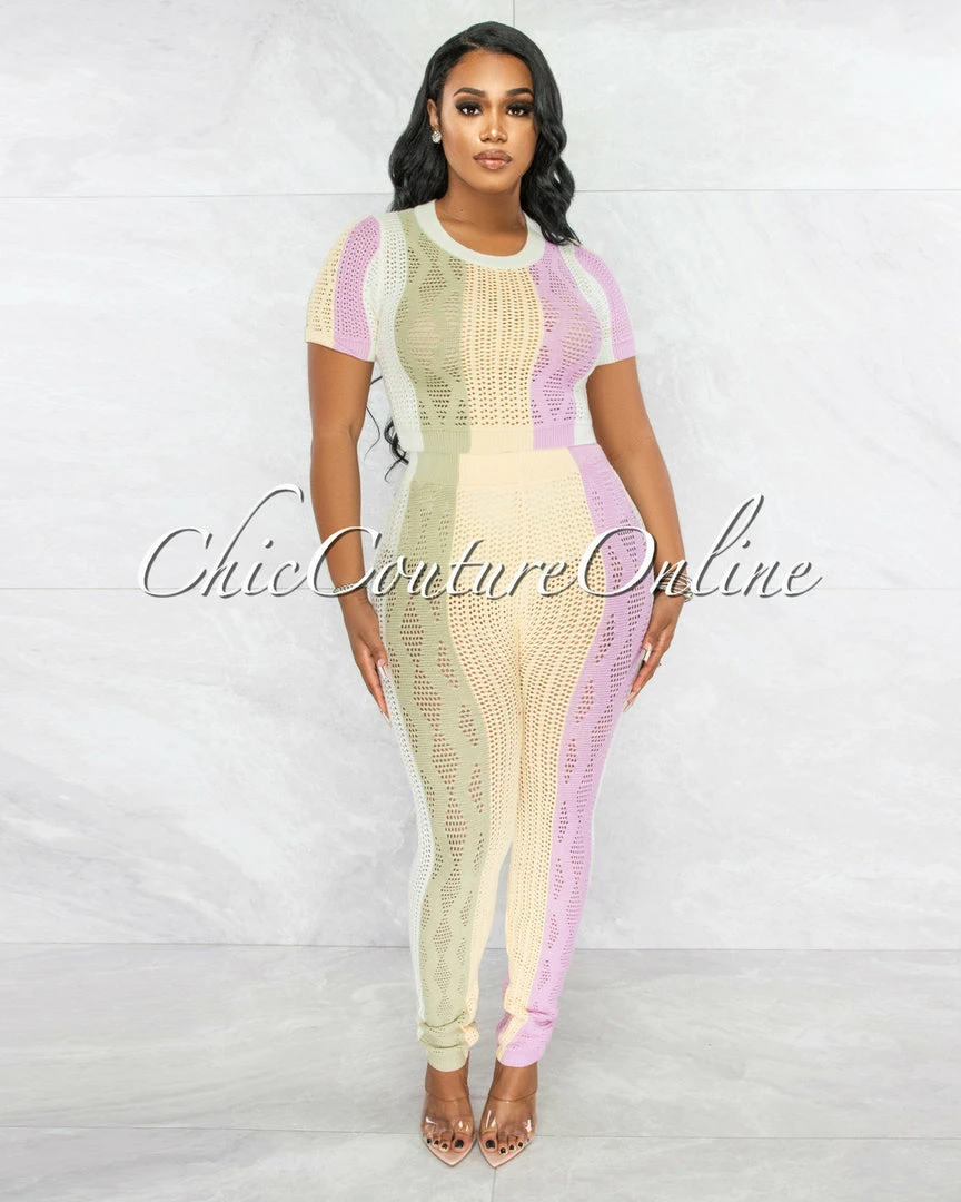 Vendor-unknown JUST IN Bailey Purple Pastel Tones Stripes Knit Joggers Set