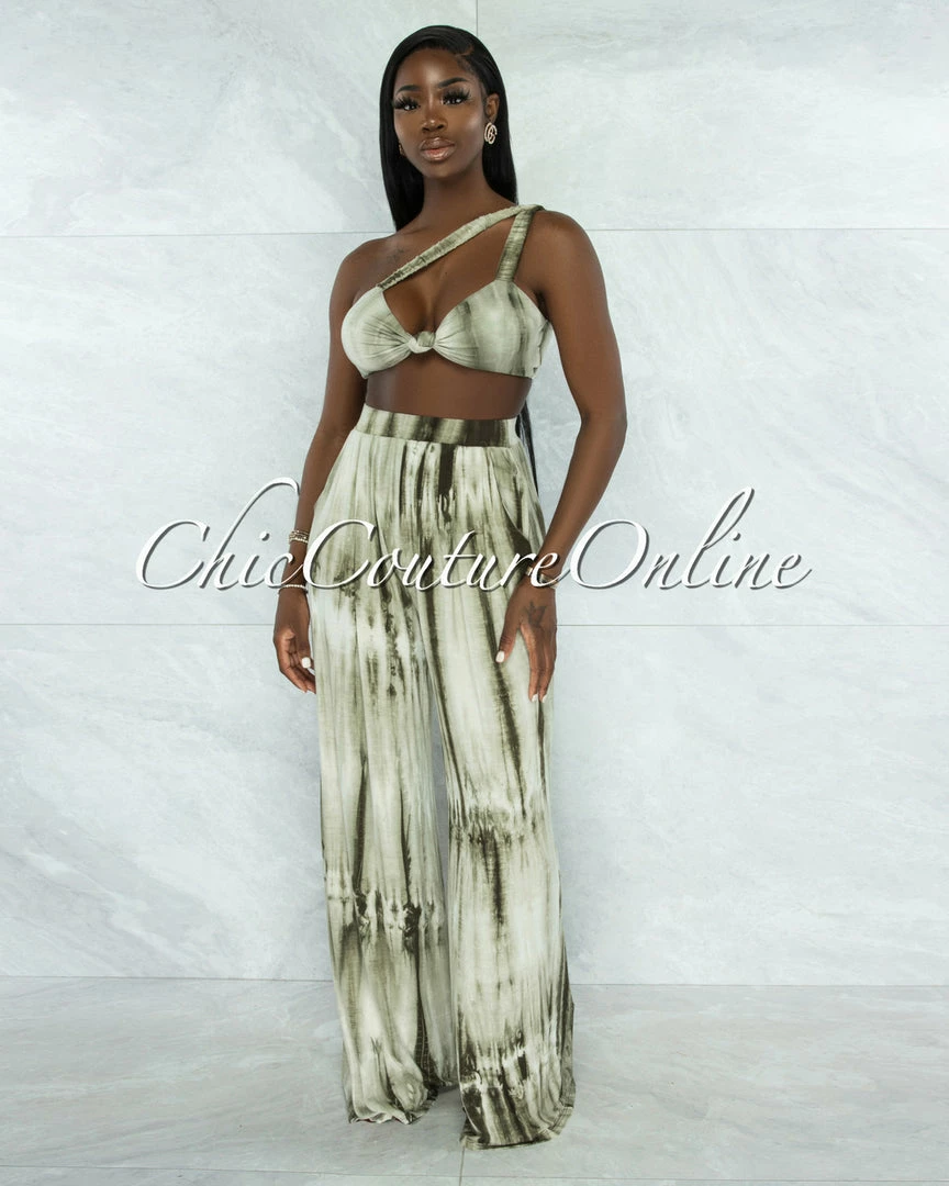 Vendor-unknown Hiliana Olive Green Tie-Dye Torn Top & Wide Legs Pants Set JUST IN