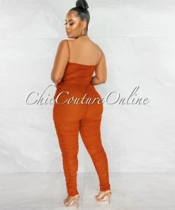 Chic Couture Online JUST IN Mikela Rust Mesh Sheer Ruched Lace-Up Sides Jumpsuit