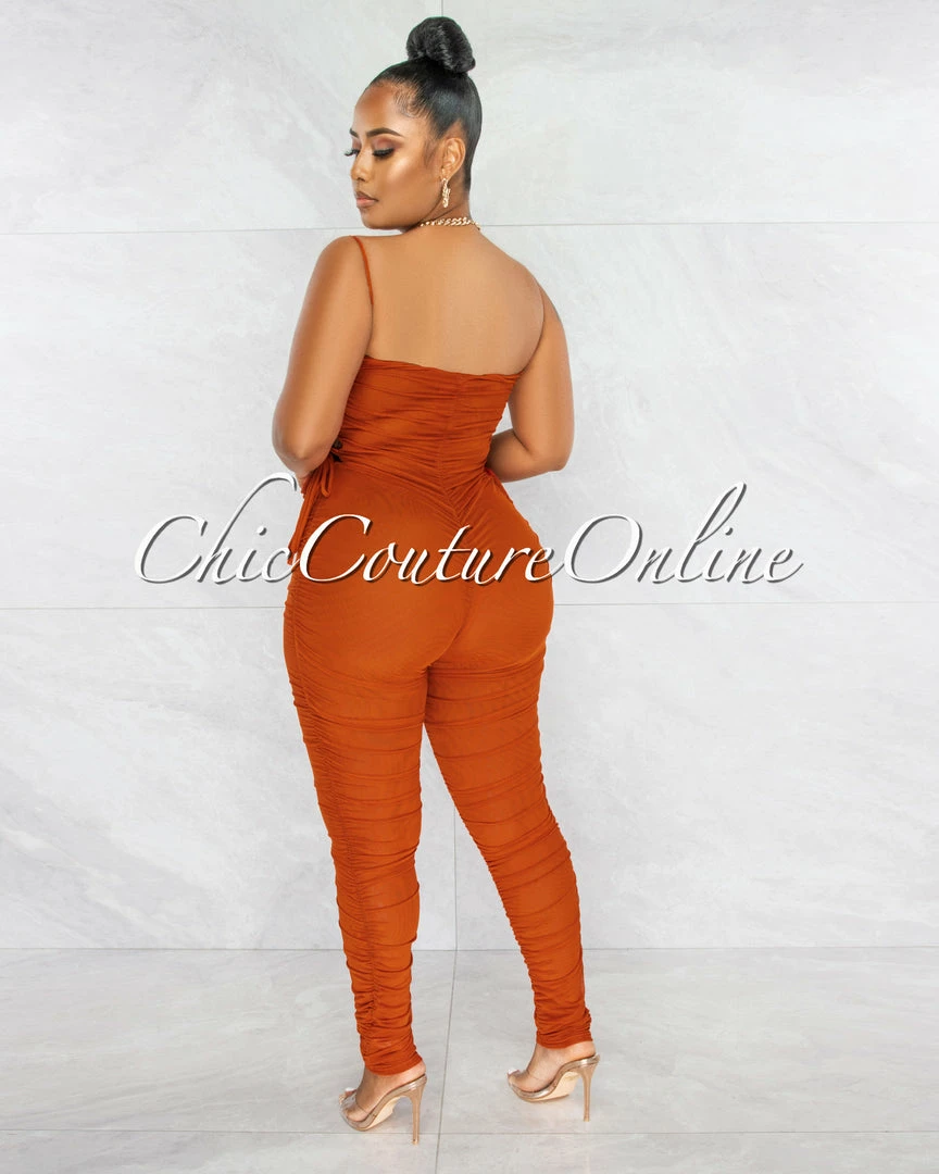 Chic Couture Online JUST IN Mikela Rust Mesh Sheer Ruched Lace-Up Sides Jumpsuit