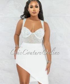 Vendor-unknown Jacaranda White Rhinestones Bodysuit & Draped Skirt Set