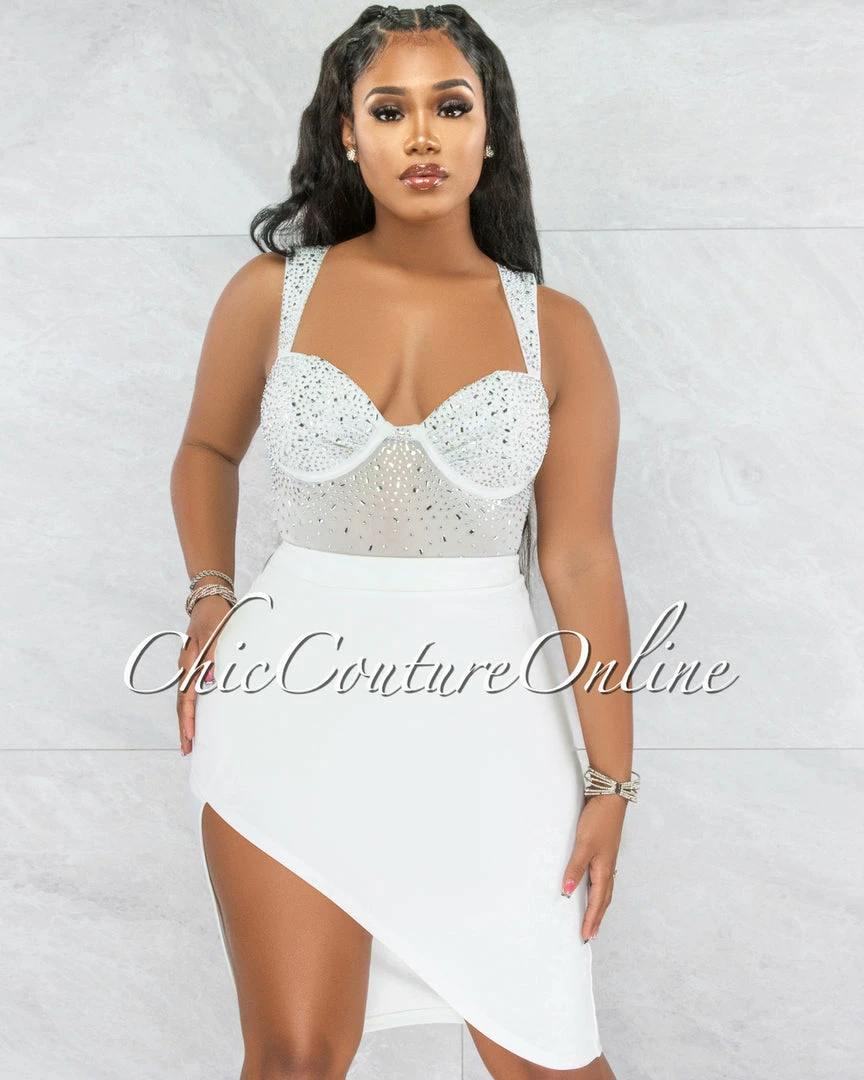Vendor-unknown Jacaranda White Rhinestones Bodysuit & Draped Skirt Set